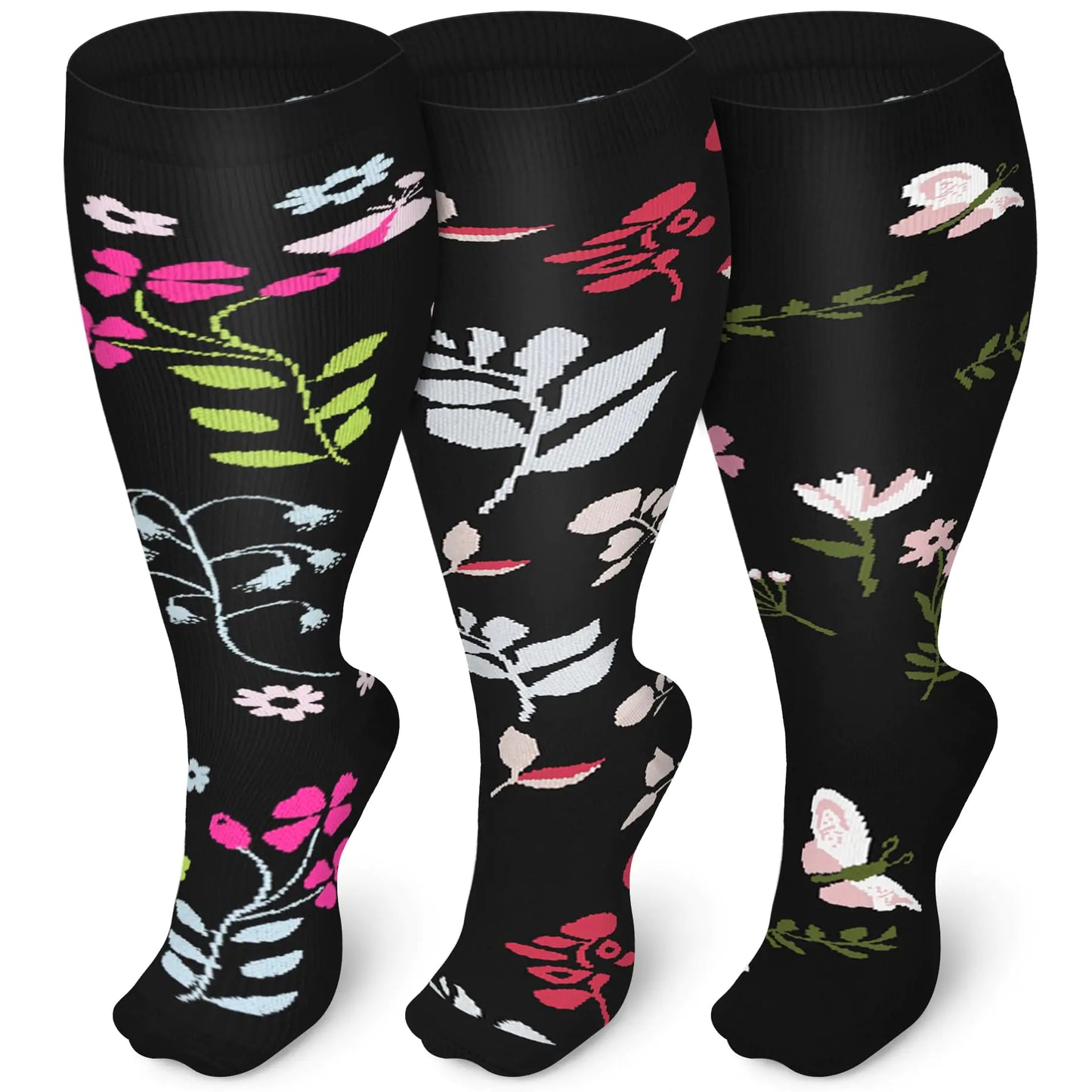 Iseasoo Plus Size Compression Socks for Men and Women-3 pairs Wide Calf 20-30 mmHg Knee High Compression Stockings Support for Circulation,Nurses Running 2XL