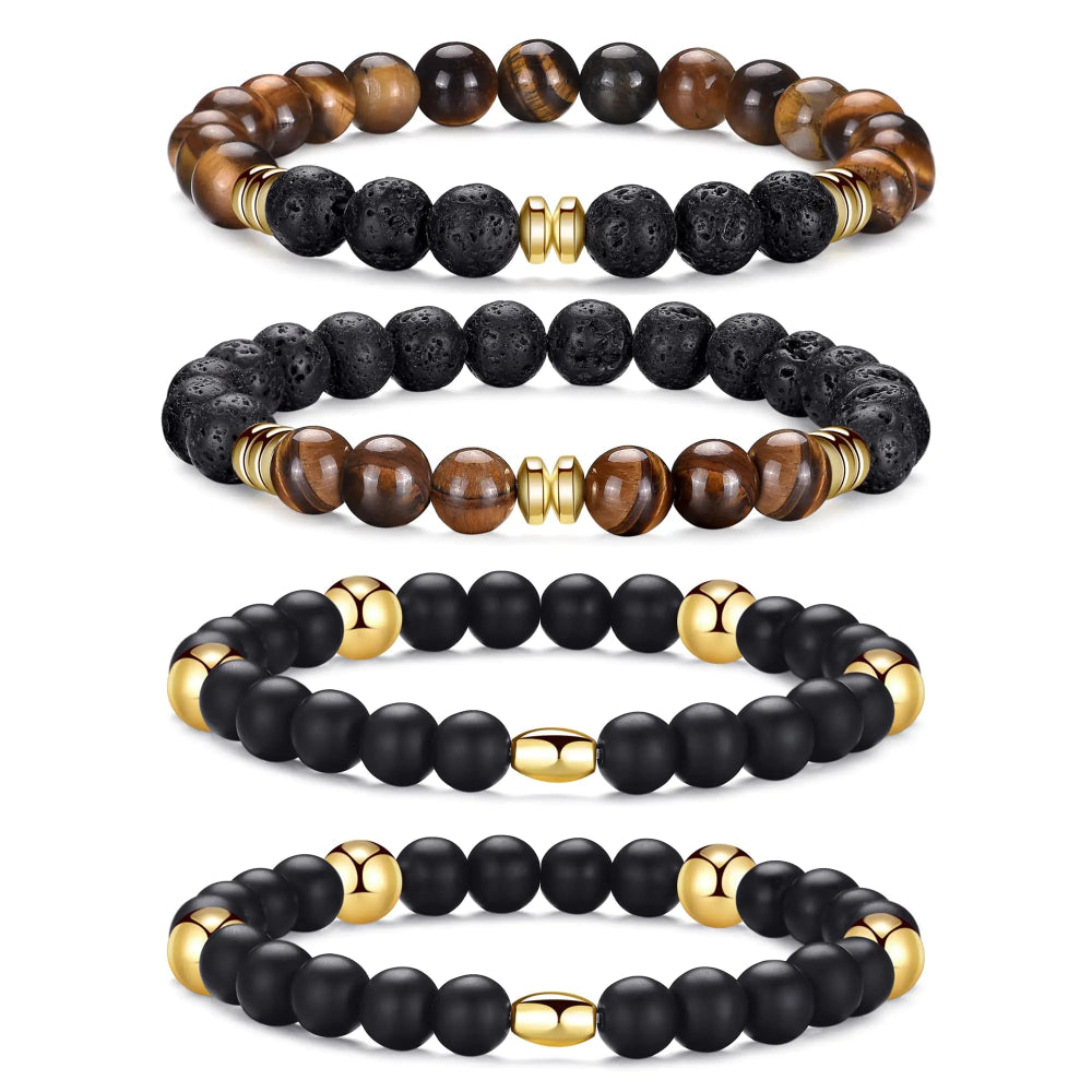 RANKEEF Tiger Eye Bracelet For Men 8MM Natural Stone Beads Bracelet Set Stretch Lava Rock Bracelets Adjustable Black Crystal Beaded Bracelet for Men Women Gifts