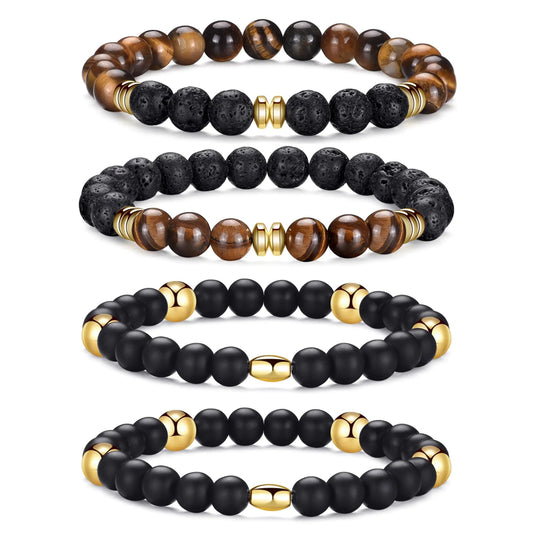 RANKEEF Tiger Eye Bracelet For Men 8MM Natural Stone Beads Bracelet Set Stretch Lava Rock Bracelets Adjustable Black Crystal Beaded Bracelet for Men Women Gifts