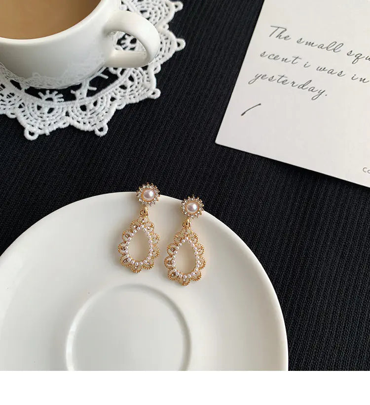 Vintage Silver Needle Earrings with Pearl and Diamond