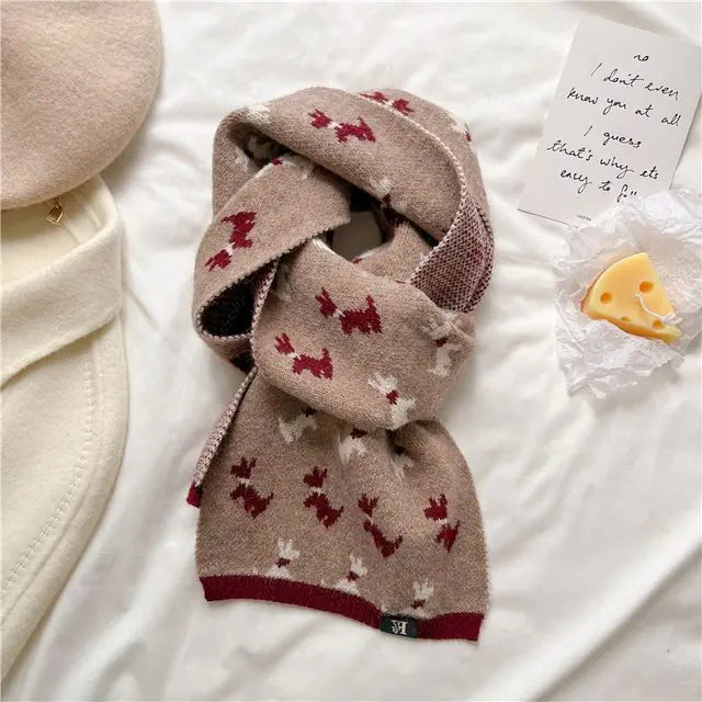 Wool Blend Animal Print Winter Scarf with Bow for Women