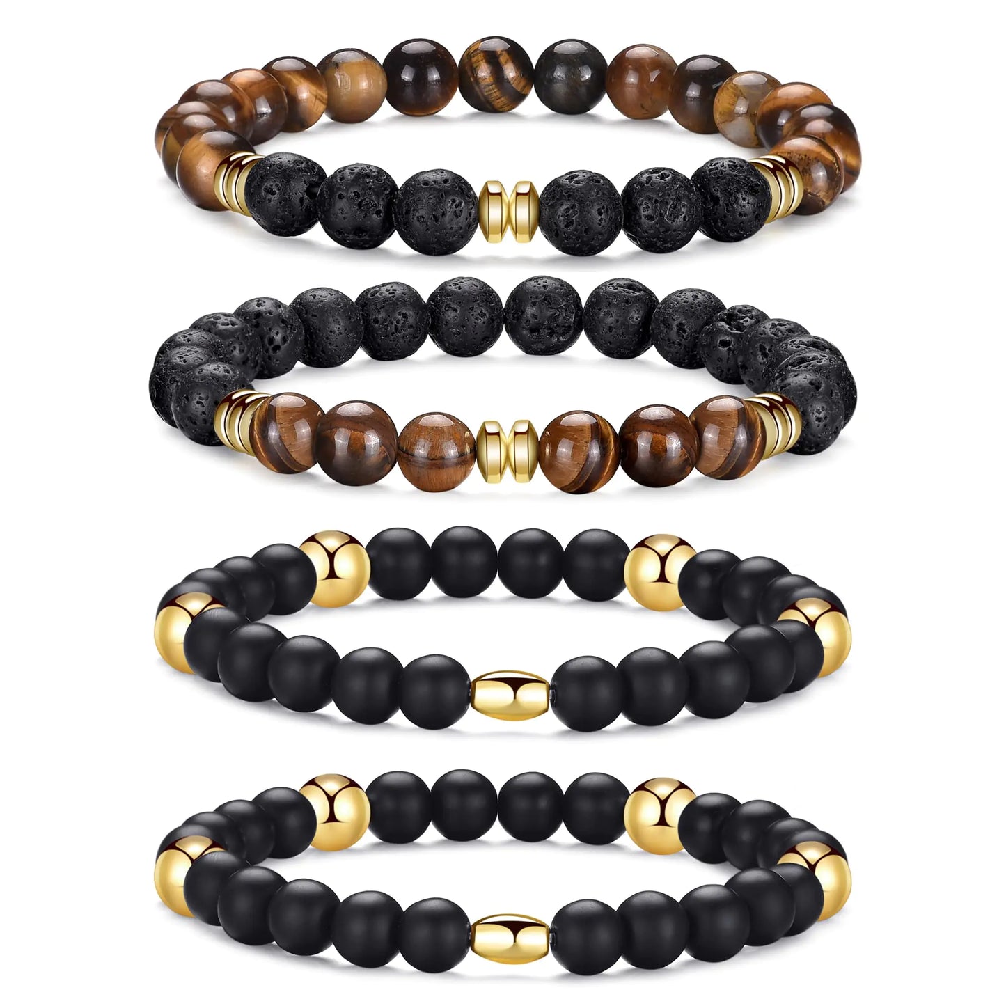 RANKEEF Tiger Eye Bracelet For Men 8MM Natural Stone Beads Bracelet Set Stretch Lava Rock Bracelets Adjustable Black Crystal Beaded Bracelet for Men Women Gifts